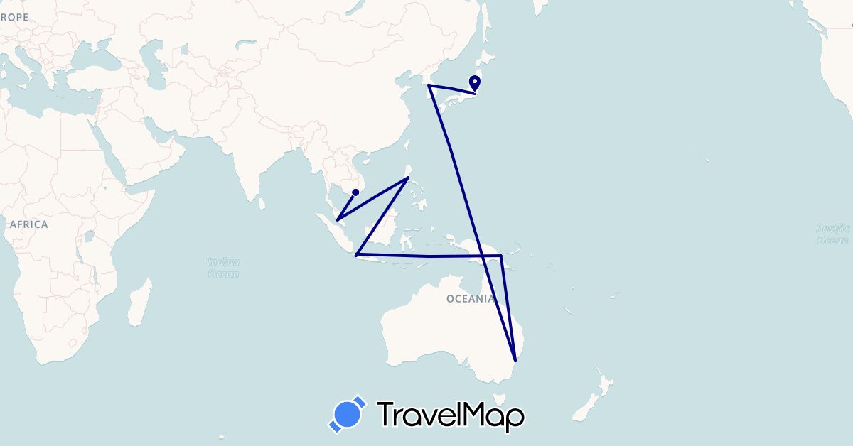 TravelMap itinerary: driving in Australia, Indonesia, Japan, South Korea, Malaysia, Papua New Guinea, Philippines, Vietnam (Asia, Oceania)